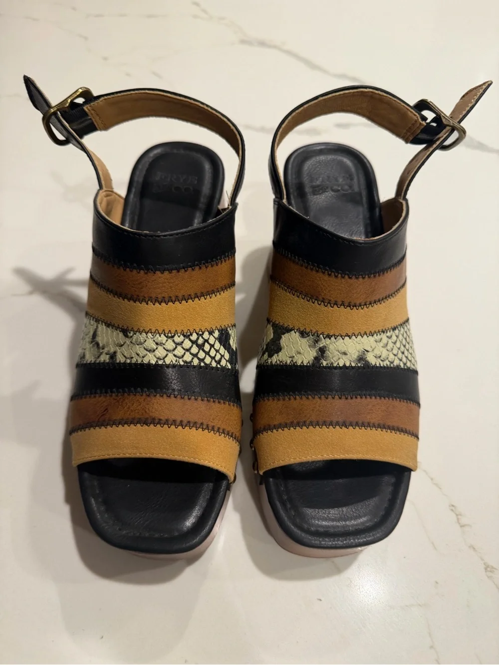 Frye Black, Brown and Tan Striped Leather Slingback Sandals